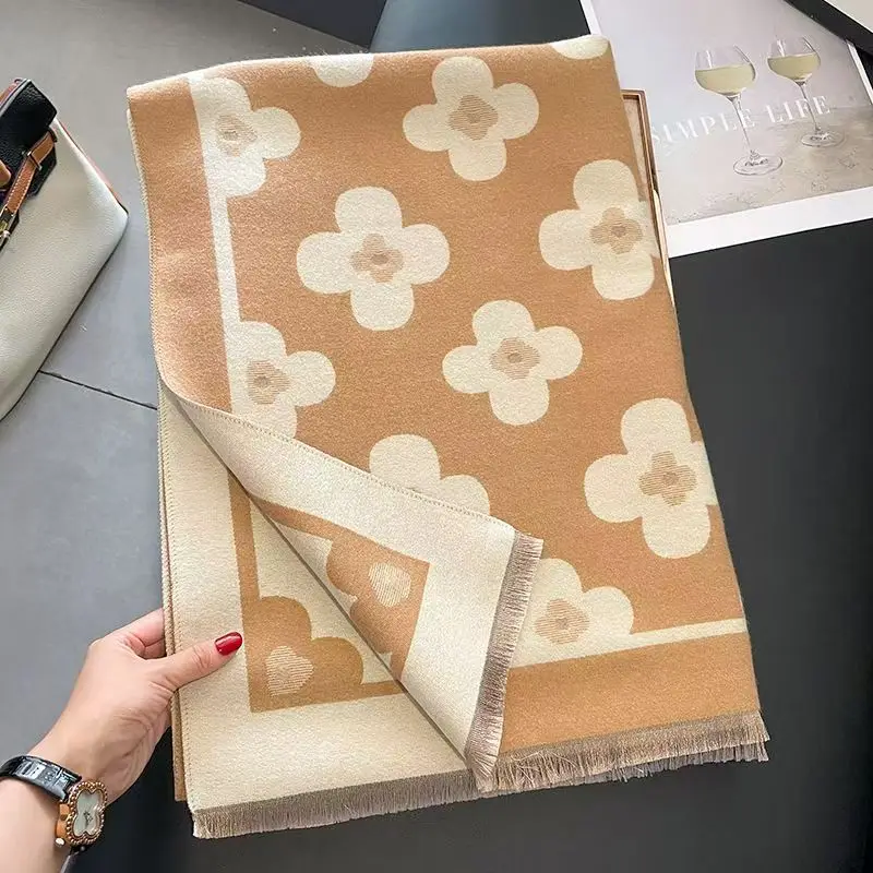 المرأة الخريف الشتاء مزدوجة الوجهين وشاح مزدوج اللون سميكة إطالة الكشمير الأزهار طباعة ثنائي الغرض الدفء شال