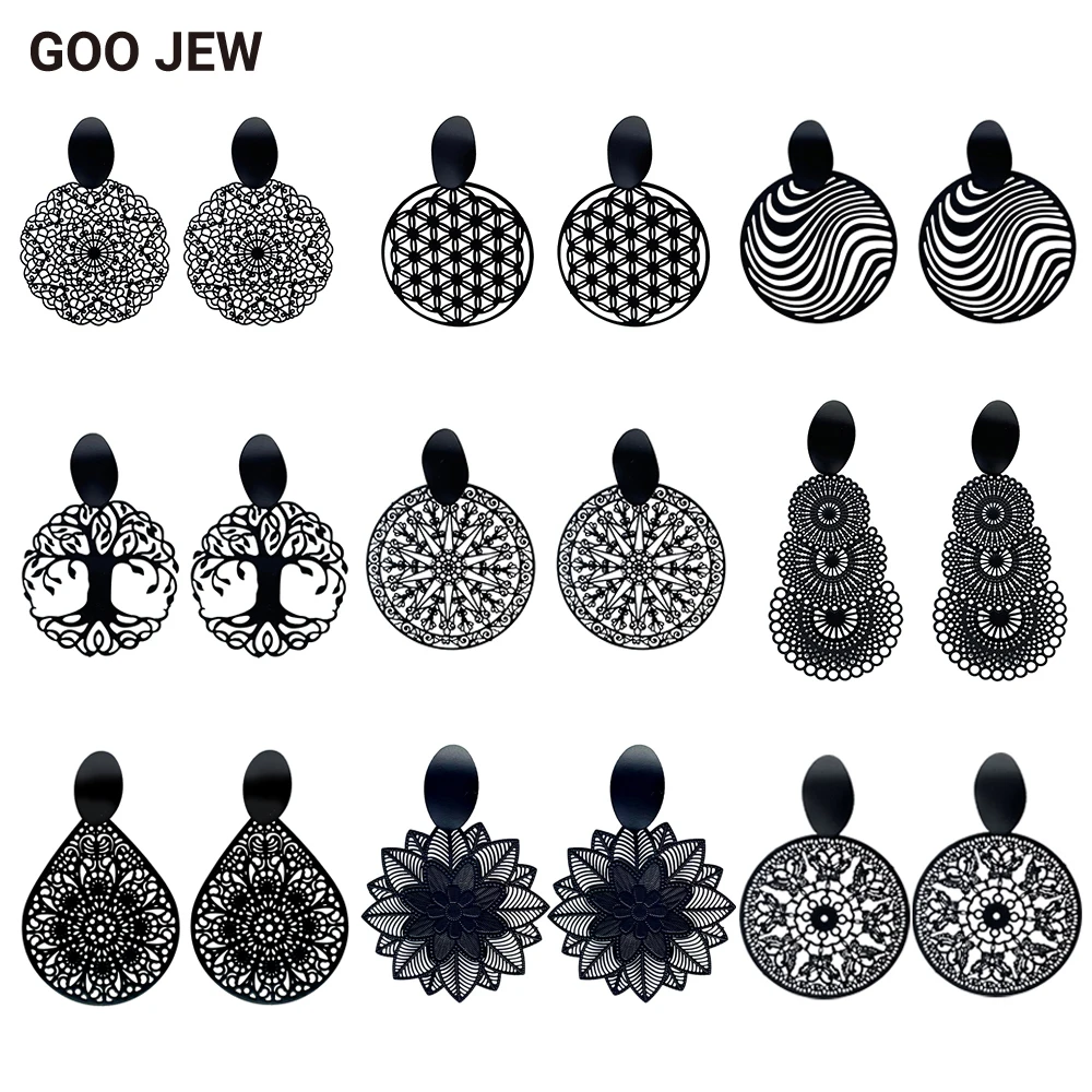 GOO JEW All Black Series Vintage Stud Earrings Exquisite Hollow Out Matt Black Earrings for Women Elegant Jewellery