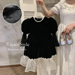 Abbigliamento per bambini coreani autunno 2024 nuova ragazza vestito nero francese bambina garza cuciture principessa gonna marea bambini vestito