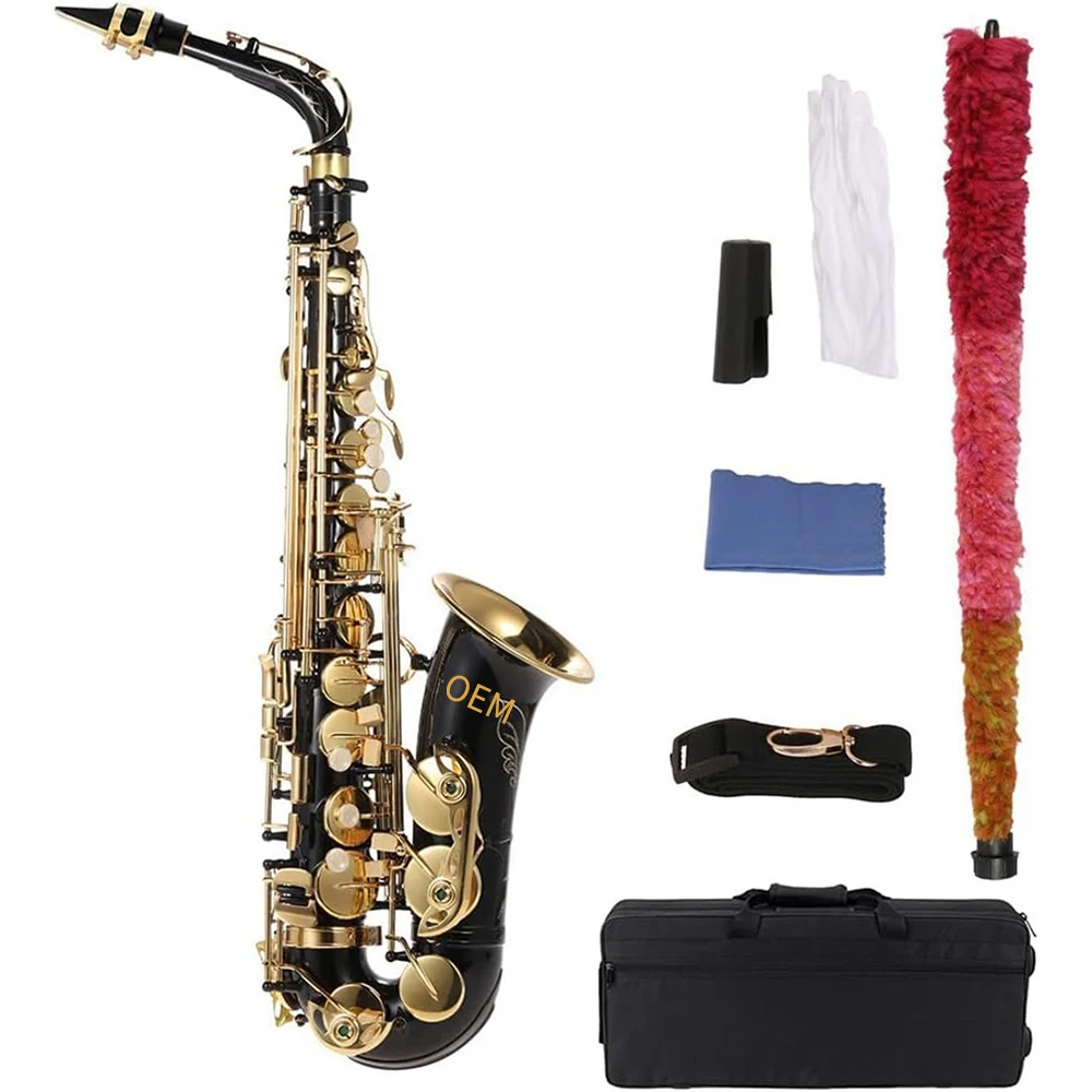 Chinese Factory Wholesale Ome Free Handmade Brass Professional Black Gold Carved Eb Alto Saxophone With Case