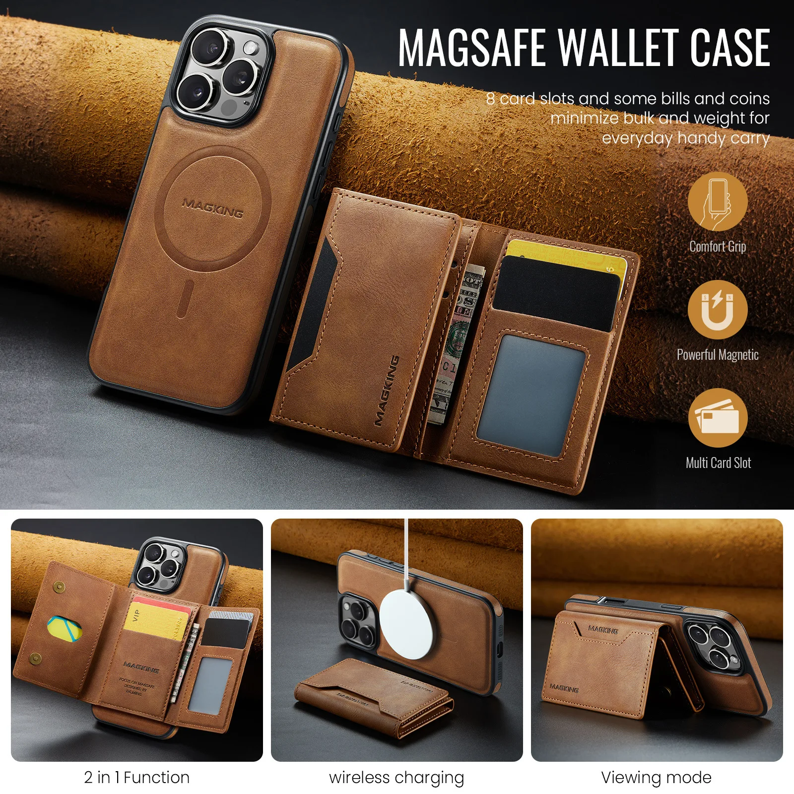 

For iPhone 17 Pro Max 16 Plus 15 14 13 12 2-in-1 Magnetic MagSafe Wireless Charging Retro Leather Case 7 Cards Slot Wallet Cover