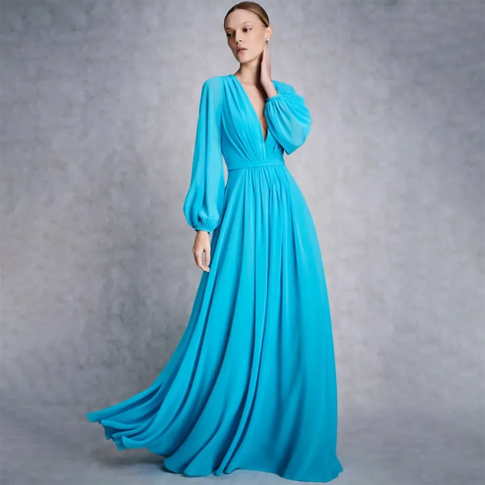 

2024 V-Neck Prom Dresses With Sleeves Custom A-Line Chiffon Floor Length Party Dress Maxi Pleated Evening Dresses for Women