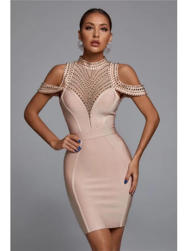 Champagner exquisite Perlen Niet sexy schulter freie rücken freie Bandage Party Bankett Kleid