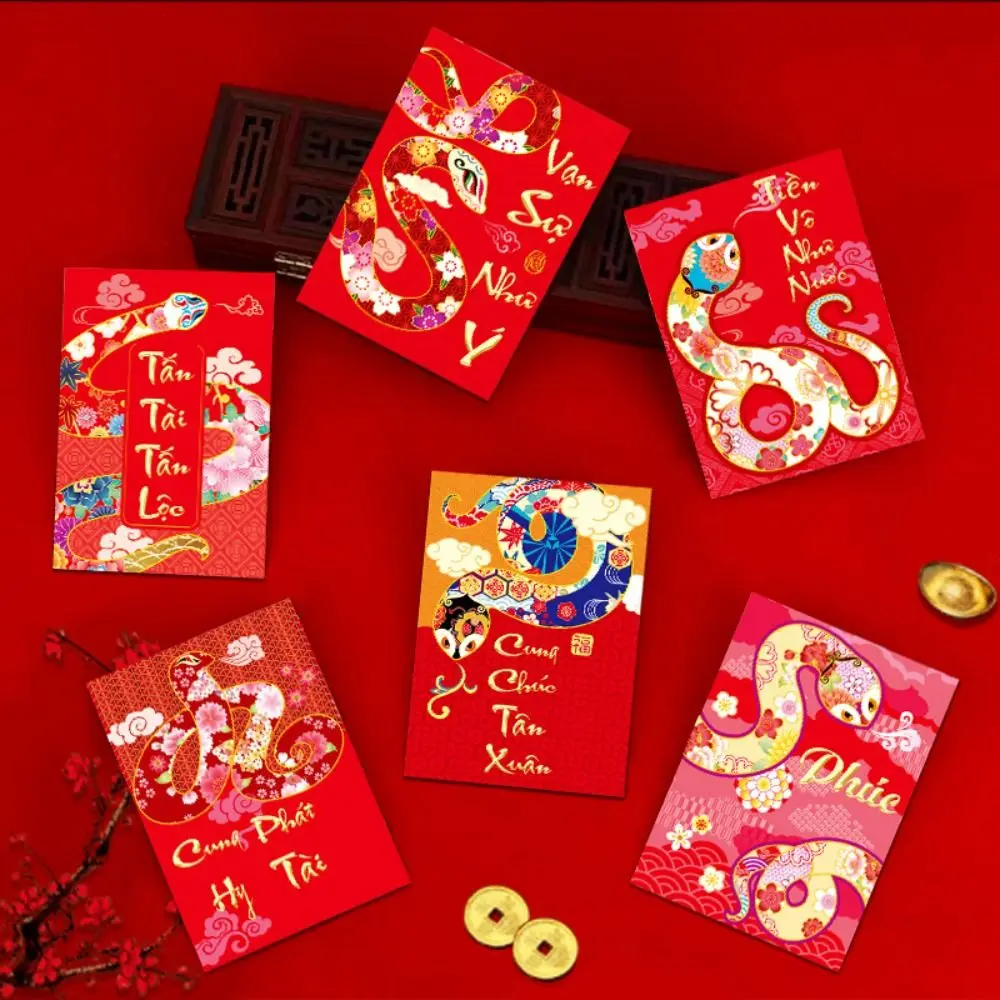 6PCS Vietnam 2025 New Year Red Envelope Best Wishes Spring Festival Snake Pattern Money Envelope HongBao Blessing