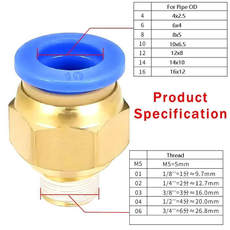 50/100PCS Pneumatic Air Connector Fitting PC 4mm 6mm 8mm 10mm 12mm Thread 1/8