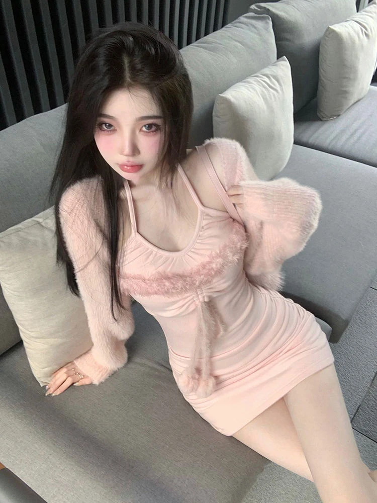 2023 Autumn Elegant 2 Piece Dress Set Women Casual Short Knitted Cardigan + Y2k Sweet Mini Strap Dress Korean Fashion Dress Suit