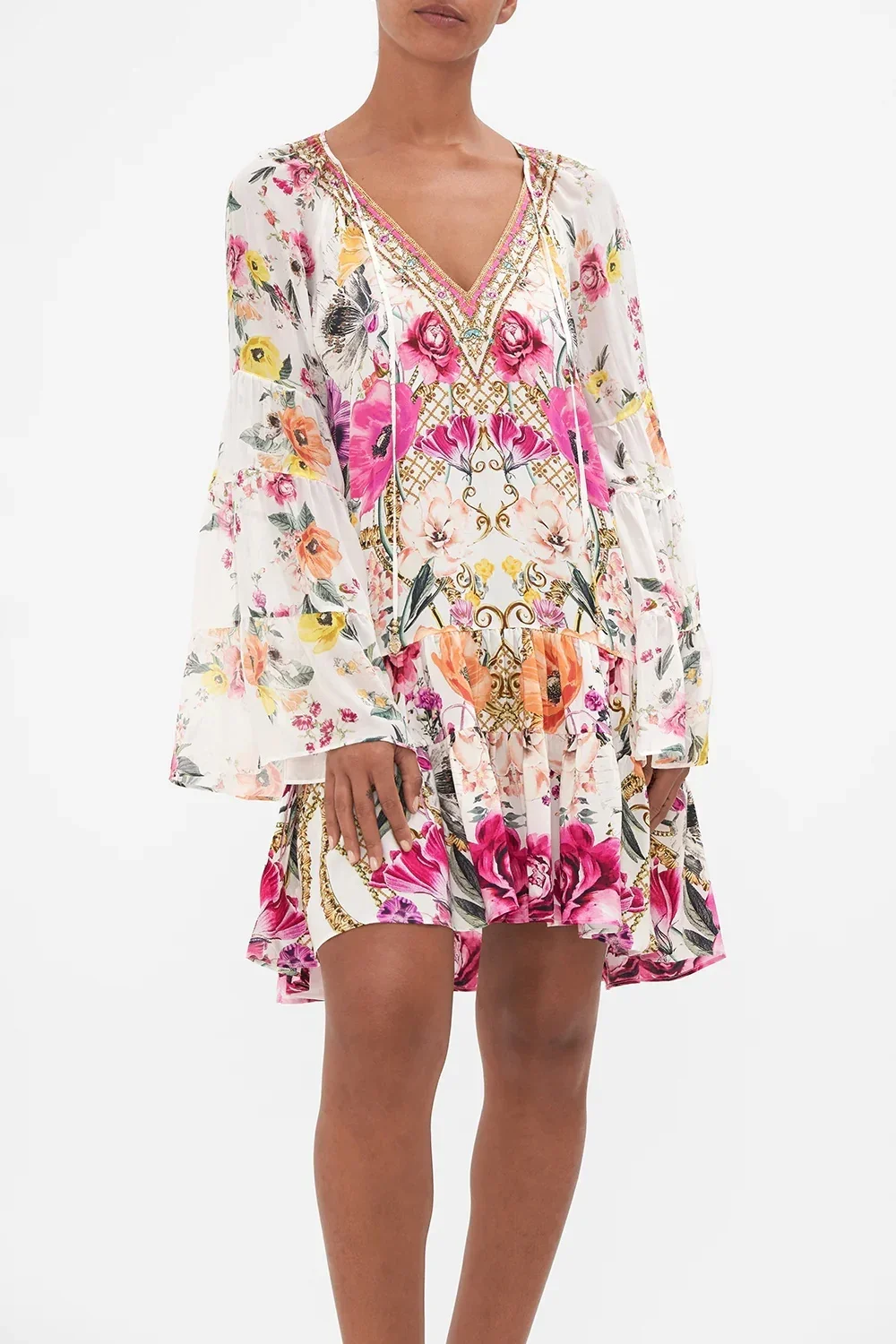 

Women's Short Robes 2024 New Spring Summer Silk Beaded Rhinestones Flower Printed V-Neck Casual Long Flare Sleeve Mini Dress