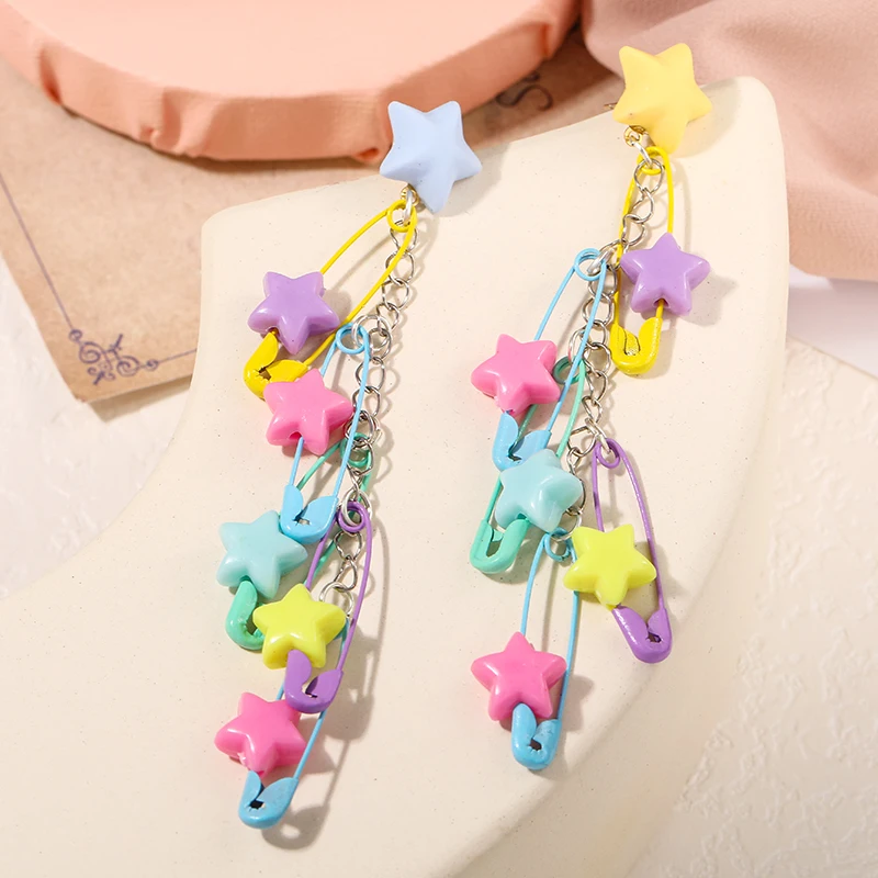 Harajuku Style Acrylic Five-Pointed  Beaded Earrings Japanese Color Temperament Candy Color Pentagrams Earrings for Women