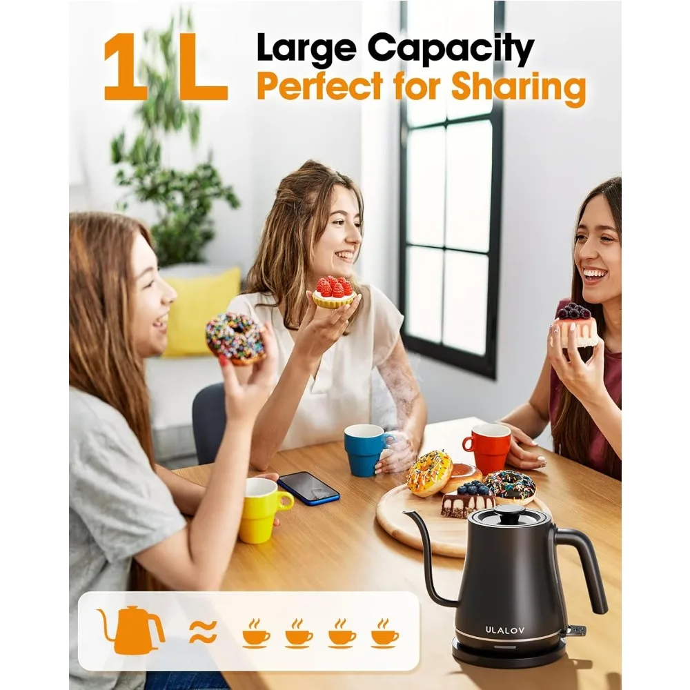 Electric Kettle 1L Gooseneck Water Kettle Quick Heating for Pour Over Coffee & Tea, Stainless Steel Hot Water Boiler with Auto