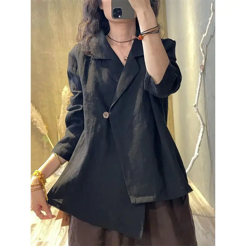 ใหม่แฟชั่นบริสุทธิ์ลดอายุเสื้อสูทผู้หญิง Retro วรรณกรรมอารมณ์สบายๆปุ่มเสื้ออินเทรนด์