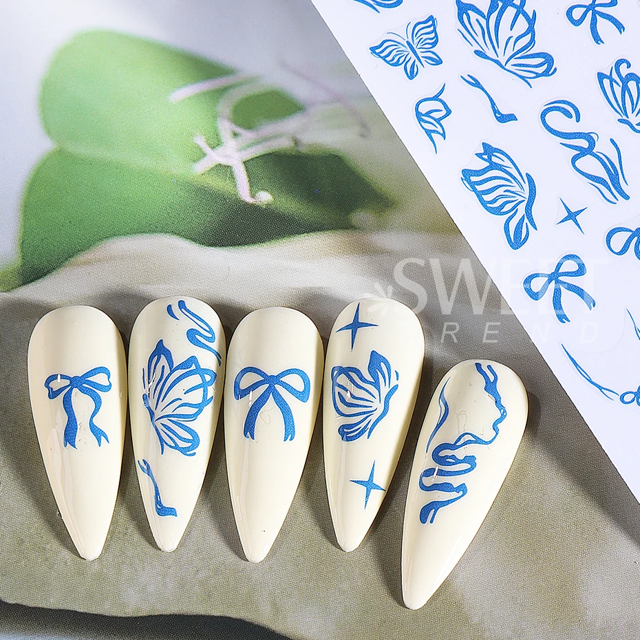 Autocollants pour ongles à fleurs bleues, 3 pièces, ligne française 3D, nœud floral, animaux de l'océan, étoile de mer, bricolage, décoration de manucure élégante pour printemps et été
