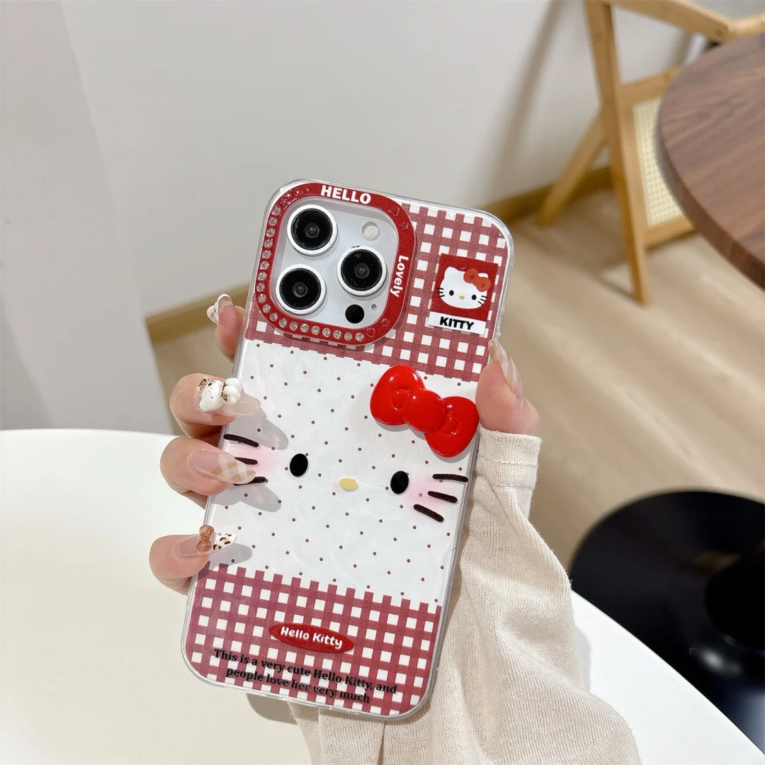 

Cartoon Wave Point Kawaii Hello Kitty Cute Lucky Phone Case For iPhone 16 15 14 13 12 Pro Max XSMAX Plus Y2K Cover