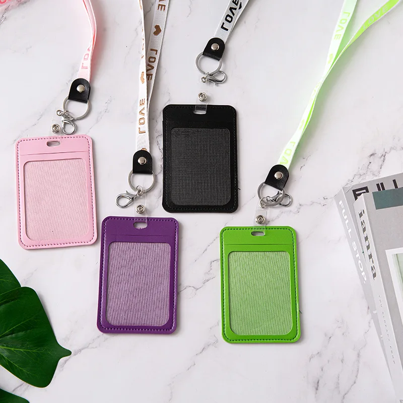 Women Cartoon Candy Color Leather ID Card Holder Students Bus Card Case Lanyard Women Men Girl Work Identity Badge Cards Cover