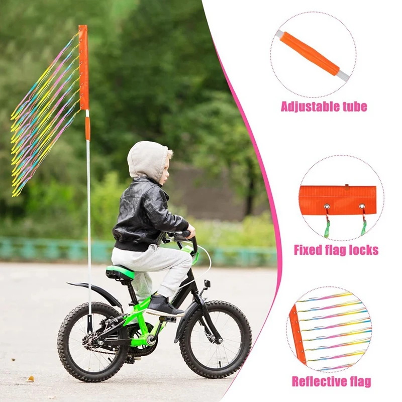 Adjustable Bicycle Flag With Pole For Safe Reflective Waterproof Warning Flag For Mobility Tricycle Go Kart ATV