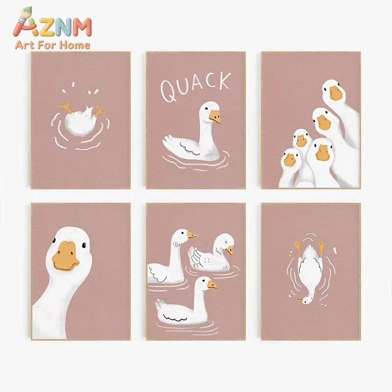 1PC Cartoon Animals Powder Pink Goose Poster Print Wall Art Pictures Canvas Painting Living Room Home Decor