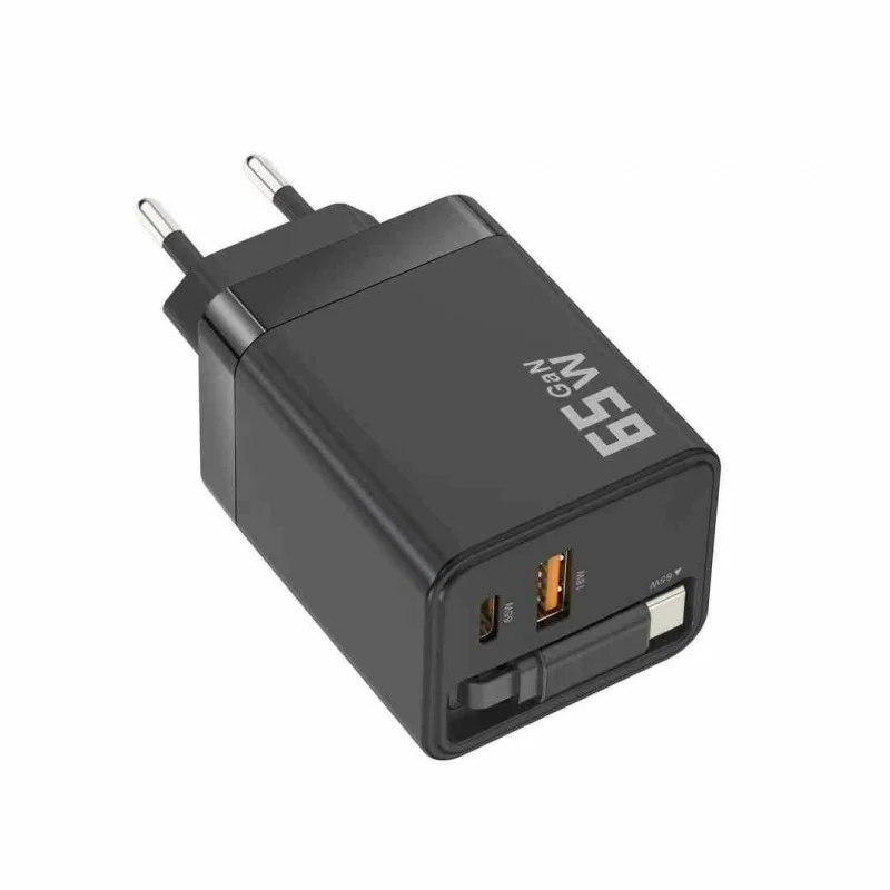 65W GaN Charger with Retractable Cable PD Fast Charging for Laptop Macbook Asus Lenovo Acer Dell Hp Xiaomi Type-C Phone Charger