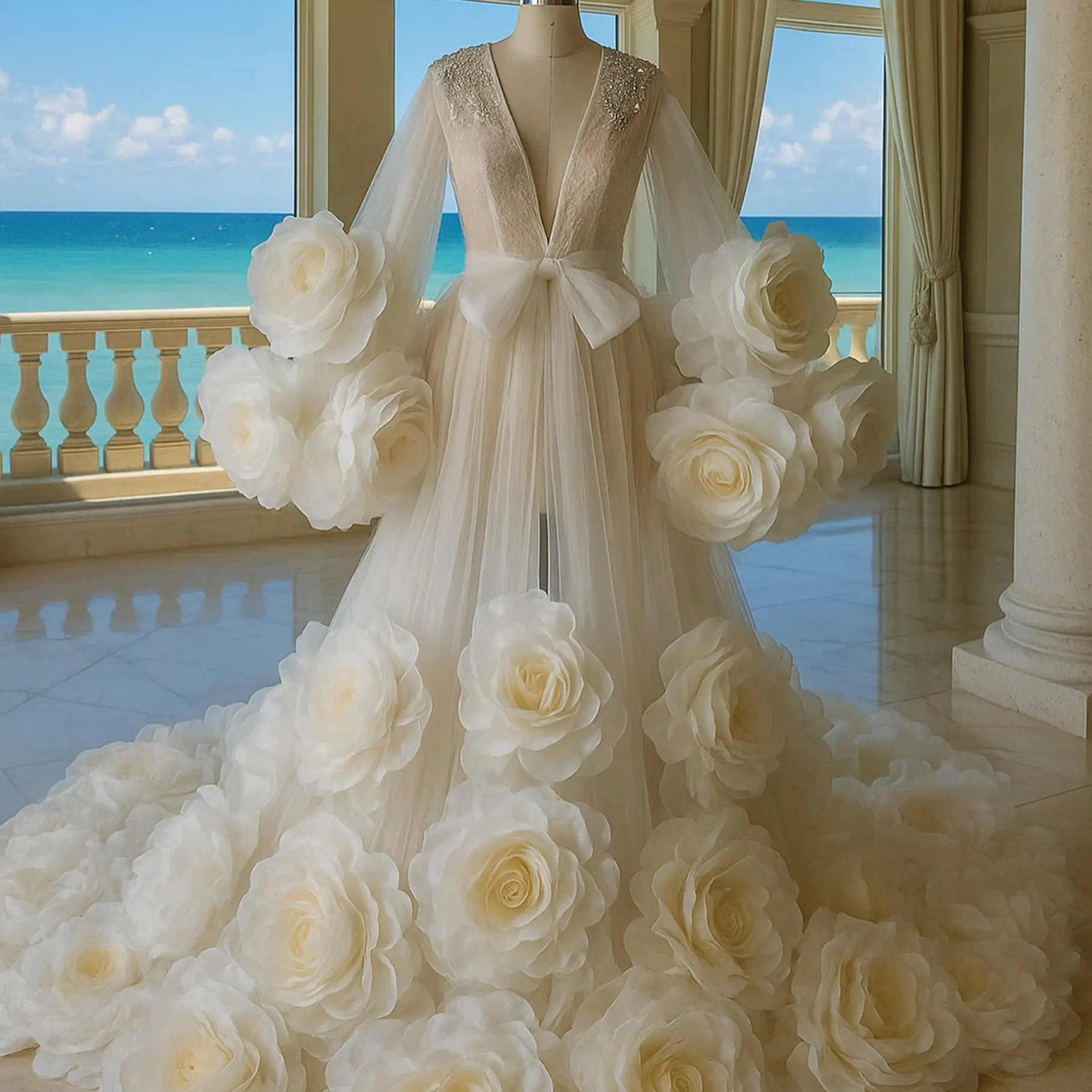 

Luxury 3D Rose Floral Wedding Dress, A‑Line V‑Neck Long Sleeve Tulle Bridal Gown with Train, Elegant Ivory Bridal Gown for Beach
