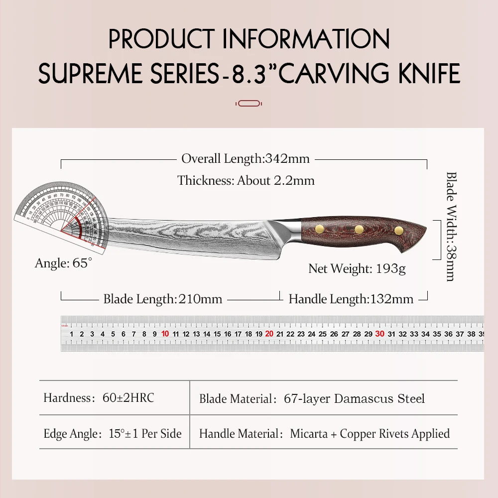 HEZHEN 8.3 Inch Carving Chef Knife 67 Layers Damascus Steel Micarta Handle Sharp And Durable Kitchen Cook Knife