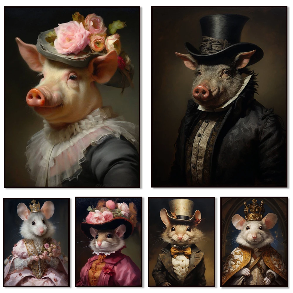 Victorian Mouse, Mouse Princess, Lady Pig, Lord Wolf, Pig, Renaissance Animal Paintings, Decorated Animal Prints, Alteration