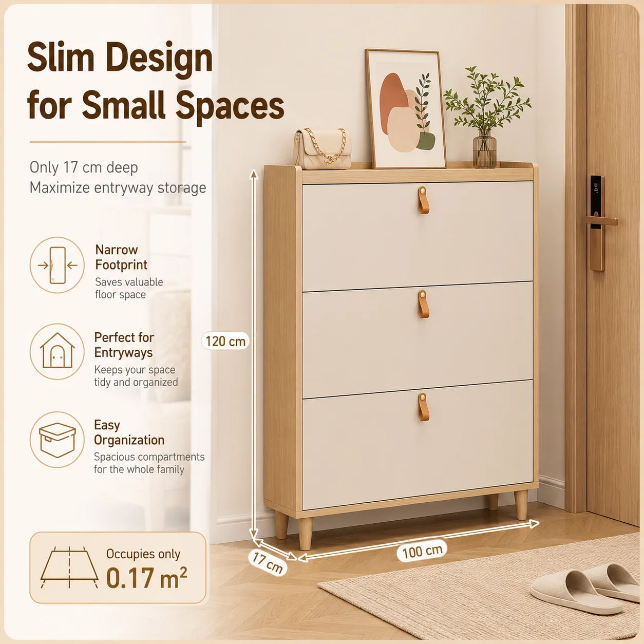 Slim Shoe Cabinet 17cm Deep, 3-Tier Flip Drawer Shoe Storage Organizer with Wood Legs for Entryway Hallway Apartment