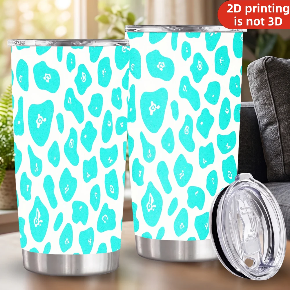 20oz Bright Turquoise Cyan Leopard Print Stainless Steel Tumbler with Lid and Straw, Blue Patterned Cheetah Spots White Vacuum Insulated Travel Coffee Mug Gifts
