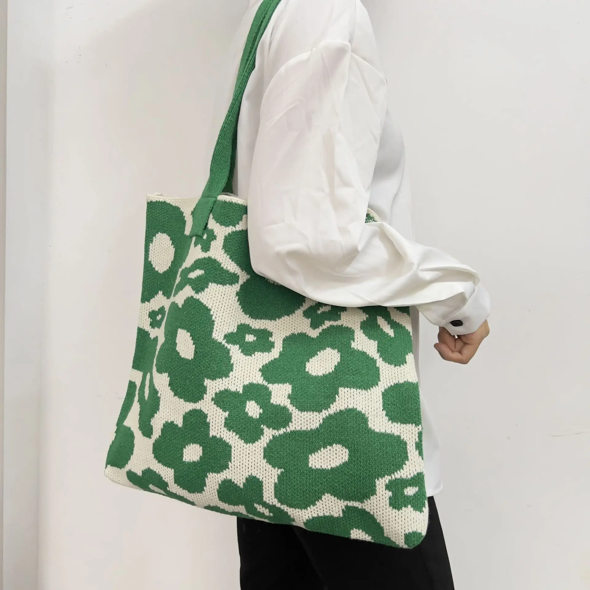 Lente Zomer Groen Rood Bloem Y 2K Stijl Felle Kleur Schattige Grote Schoudertas Dames Mode Tote Breien Handgeweven Koreaanse Straat