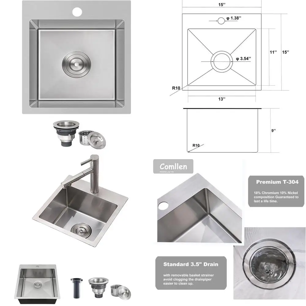 

15 x 15 Drop-in Stainless Steel Kitchen Sink, 18 Gauge, 9 Deep, Brushed Nickel, Single Basin for RV, Outdoor Bar, Utility, with
