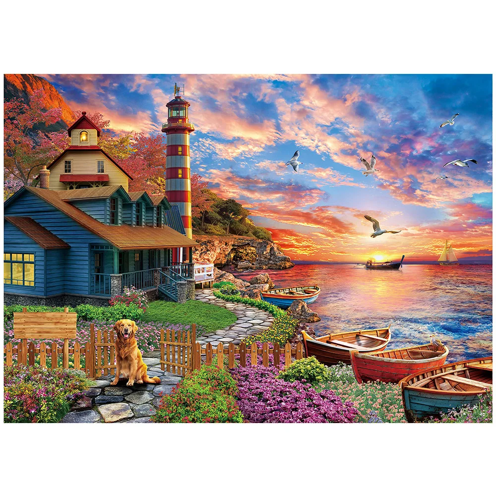 Puzzle per adulti 1000 pezzi, faro al tramonto, puzzle con lettere sul retro Puzzle impegnativi per la notte di giochi in famiglia