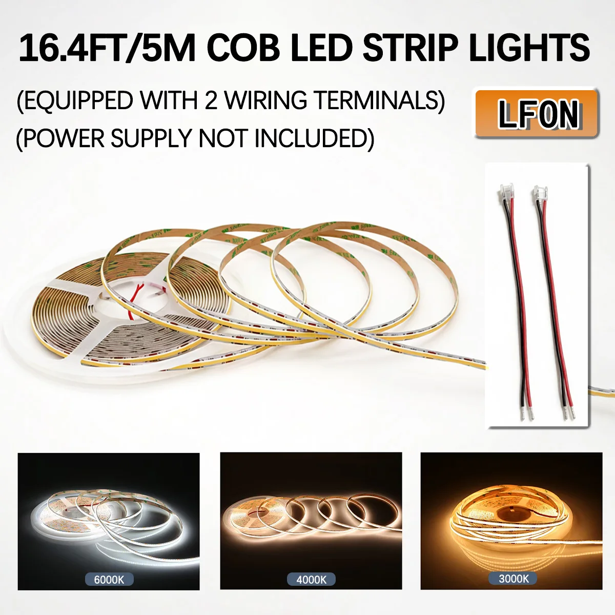 16.4ft 12V COB LED Strip Light High CRI 95Ra+ Ultra Bright 6000K/4000K/3000K White Natural White Warm White Flexible Cuttable Tape Light for Bedroom Mirror Kitchen Cabinet Living Room