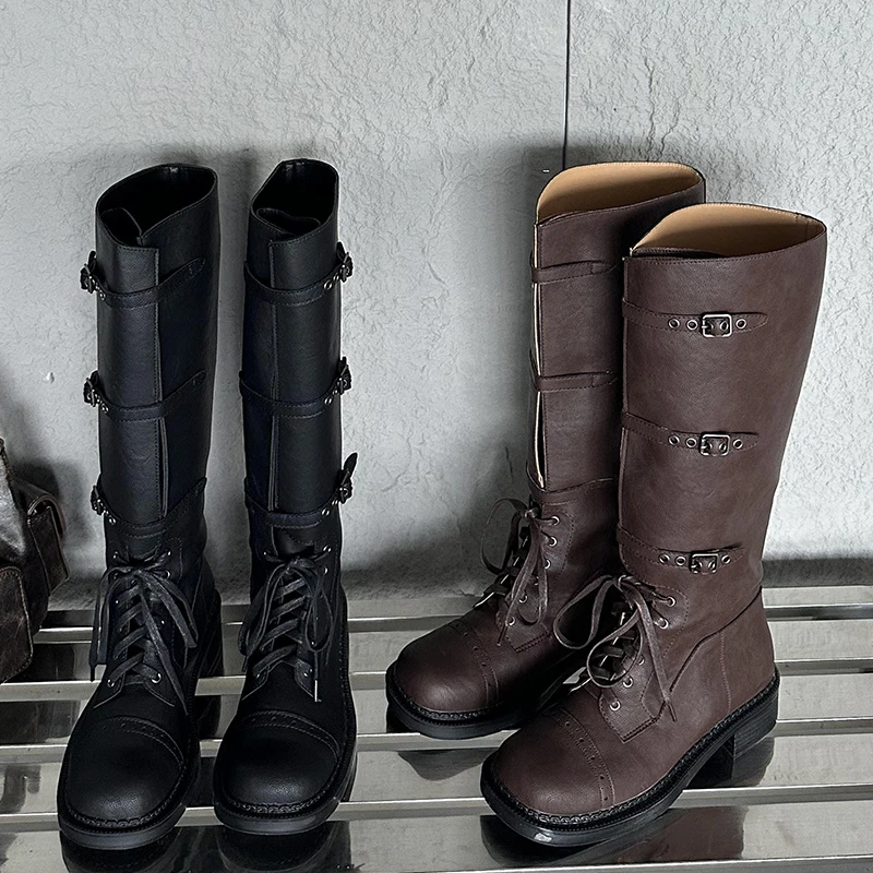 

Женские высокие сапоги в западном стиле, женская обувь для женщин, осень 2024, женские сапоги до колена с перекрестной шнуровкой, современные рыцарские длинные сапоги Челси