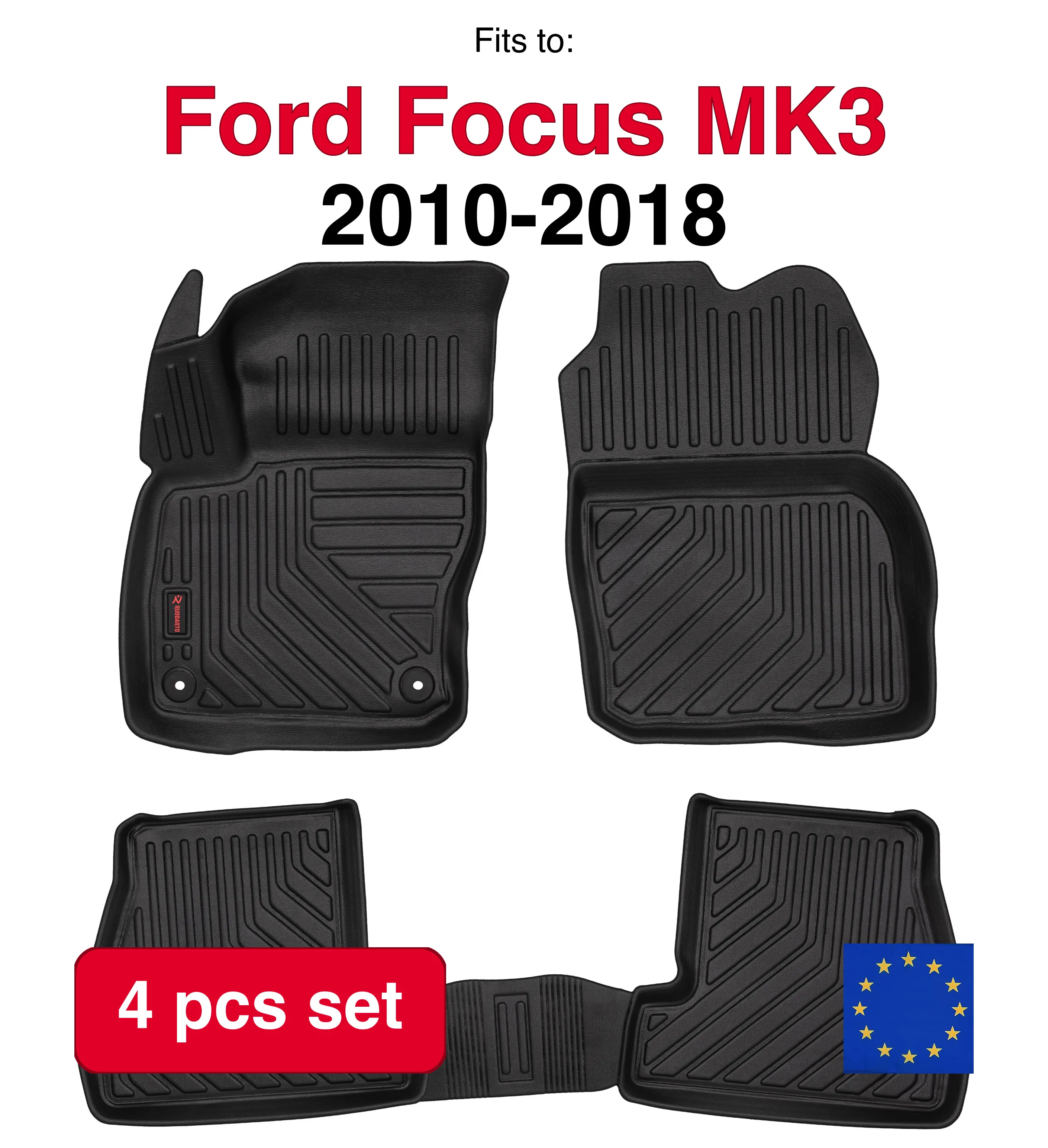 Tapis de voiture en caoutchouc 3D pour Ford Focus MK3 hayon berline station wagon (2010-2018)-noir adapté (4 pièces)