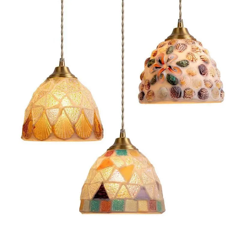 American Stained Glass Tiffany Bar Counter Light Japanese Style Aisle Light French Retro Shell-Shaped Restaurant Pendant Light