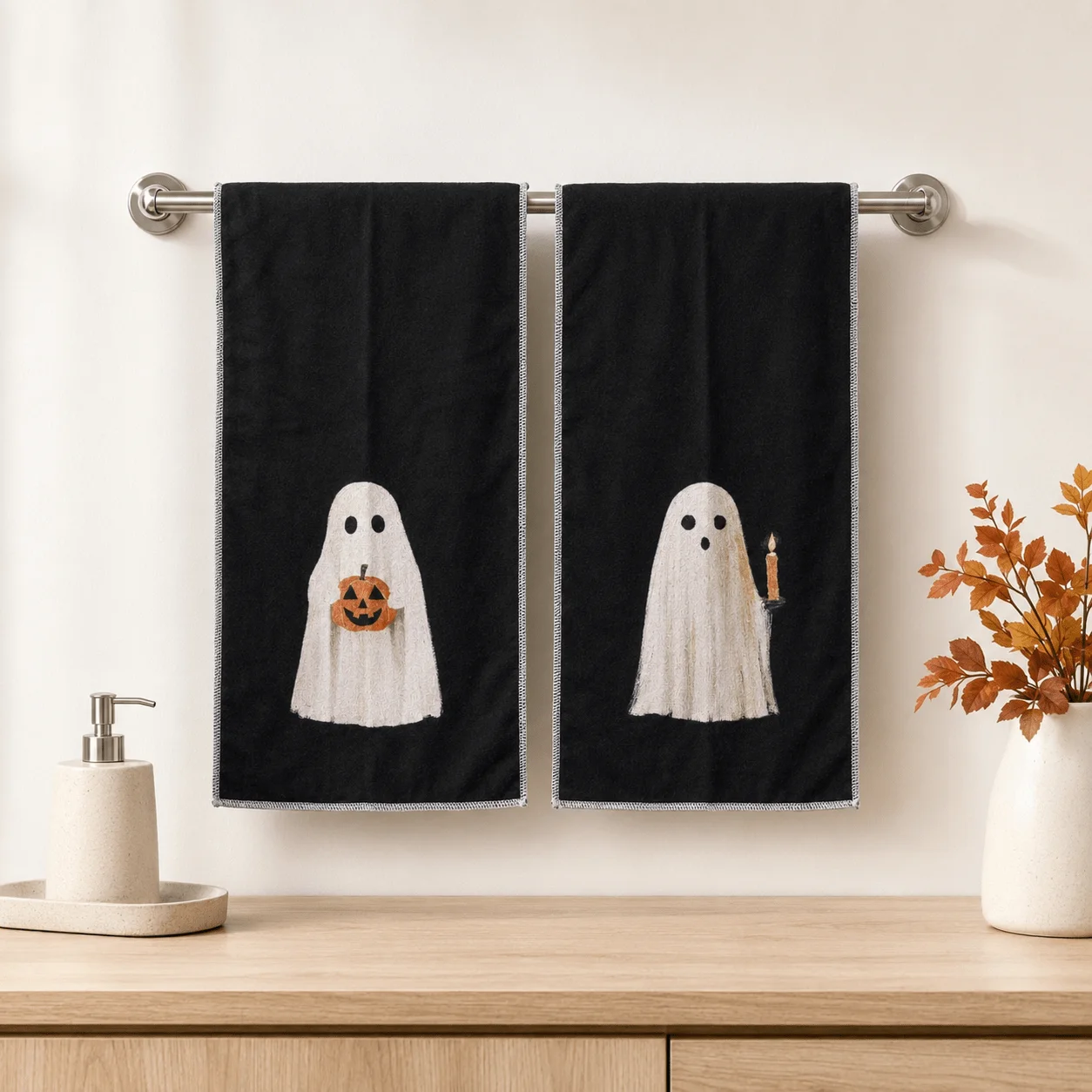2-piece set Cute Halloween pumpkin autumn kitchen towel and dishcloth set, black aesthetic Halloween bathroom kitchen