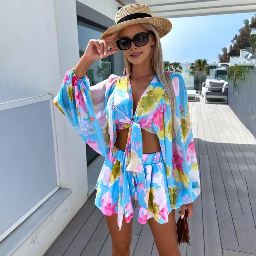 

2 Pcs/Set Women Top Shorts Suit Long Lantern Sleeve Lace-up V Neck Cardigan Pleated Vacation Beachwear Resort Cover-up Outfit