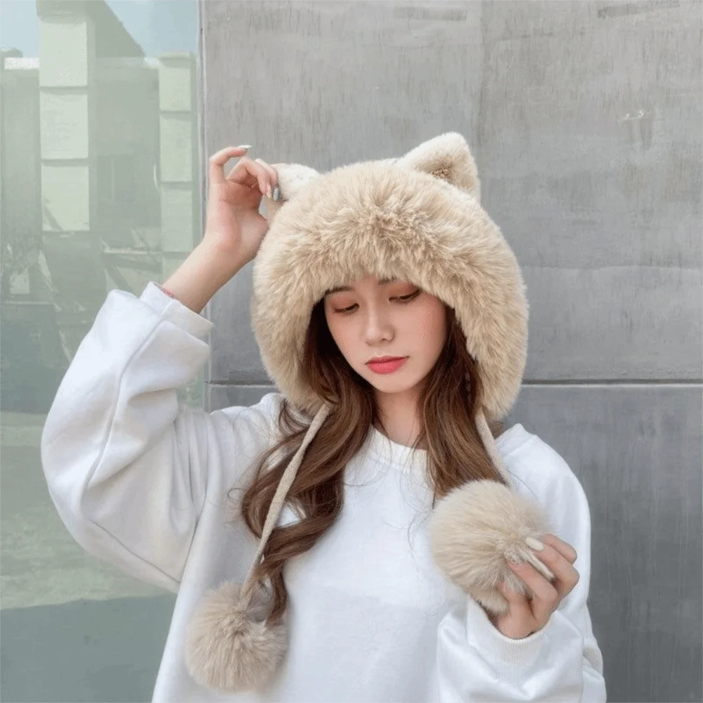 Personality Fluffy Cat Ears Beanie Cartoon All-match Ear Protection Hat Warm Knitting Winter Hat Streetwear