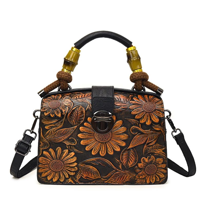 

Vintage Floral Embossed Cowhide Leather Crossbody Bag Single Shoulder Bag for Women Middle-Aged Versatile Handbag