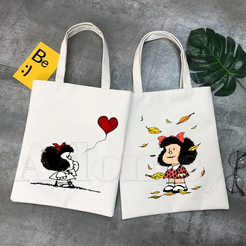 Mafalda 90s Cartoon Harajuku Shoulder Tote Bag for Women Handbags Eco Reusable Shopping Bag Vintage Bags