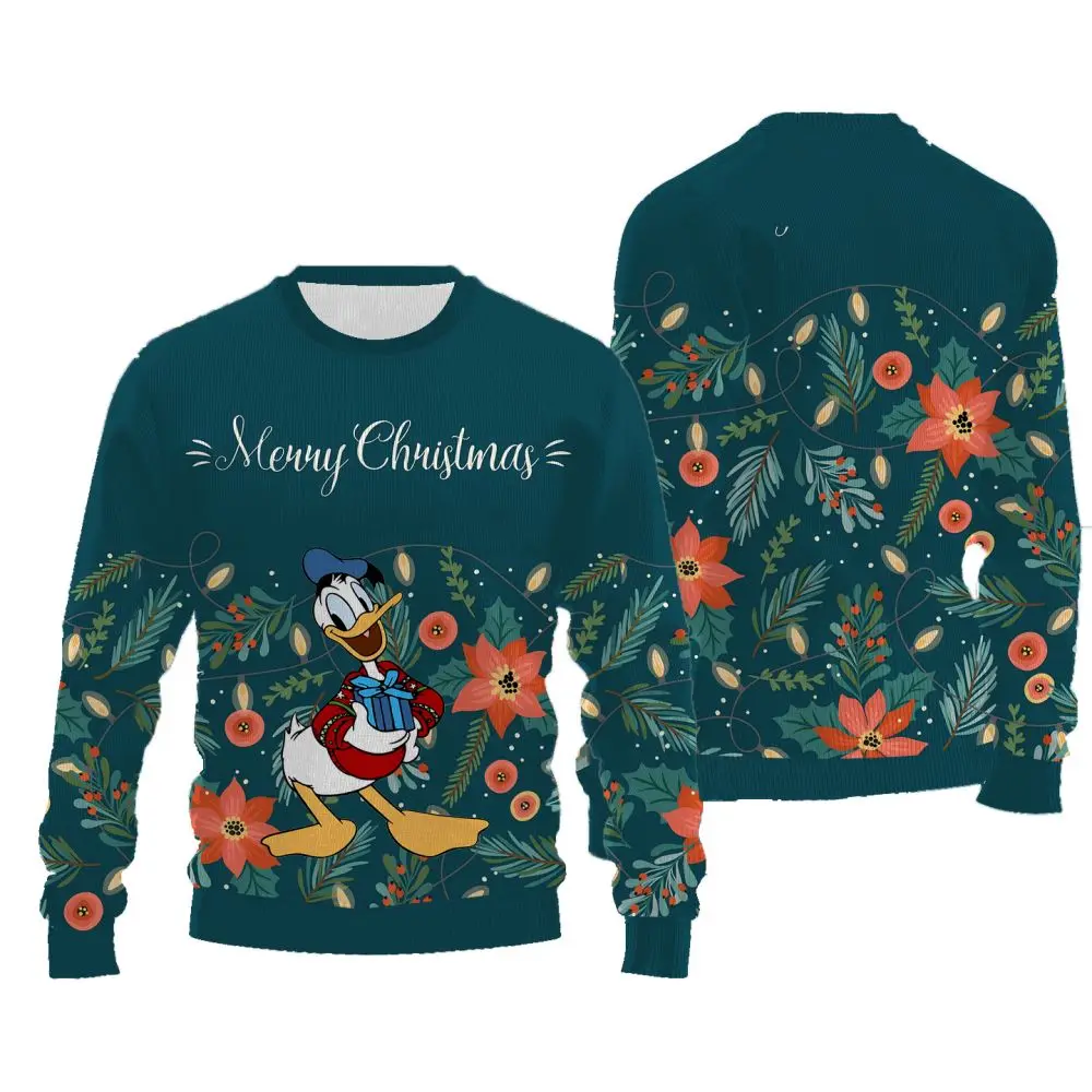 2024. Nowy styl Disney Donald Duck Pattern Pullover Harajuku Okrągły dekolt Casualowy damski gruby sweter z długim rękawem na Boże Narodzenie