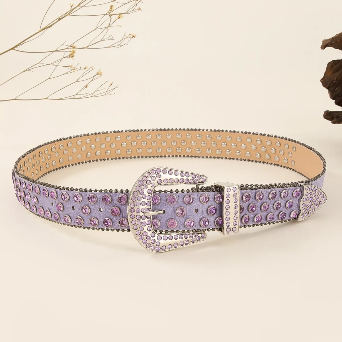 Fashion Purple Rhinestone PU Learther Jeans Strap Belts Women Ins Bling Metal Buckle Waist Belts Punk Rivet Ceinture Pour Femme