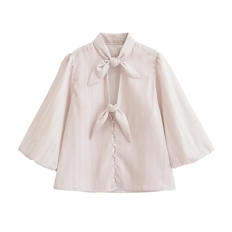 

YENKYE 2026 Women Bow Tie Neck Striped Blouse Puff Sleeve Button Down Shirt Vintage Office Wear