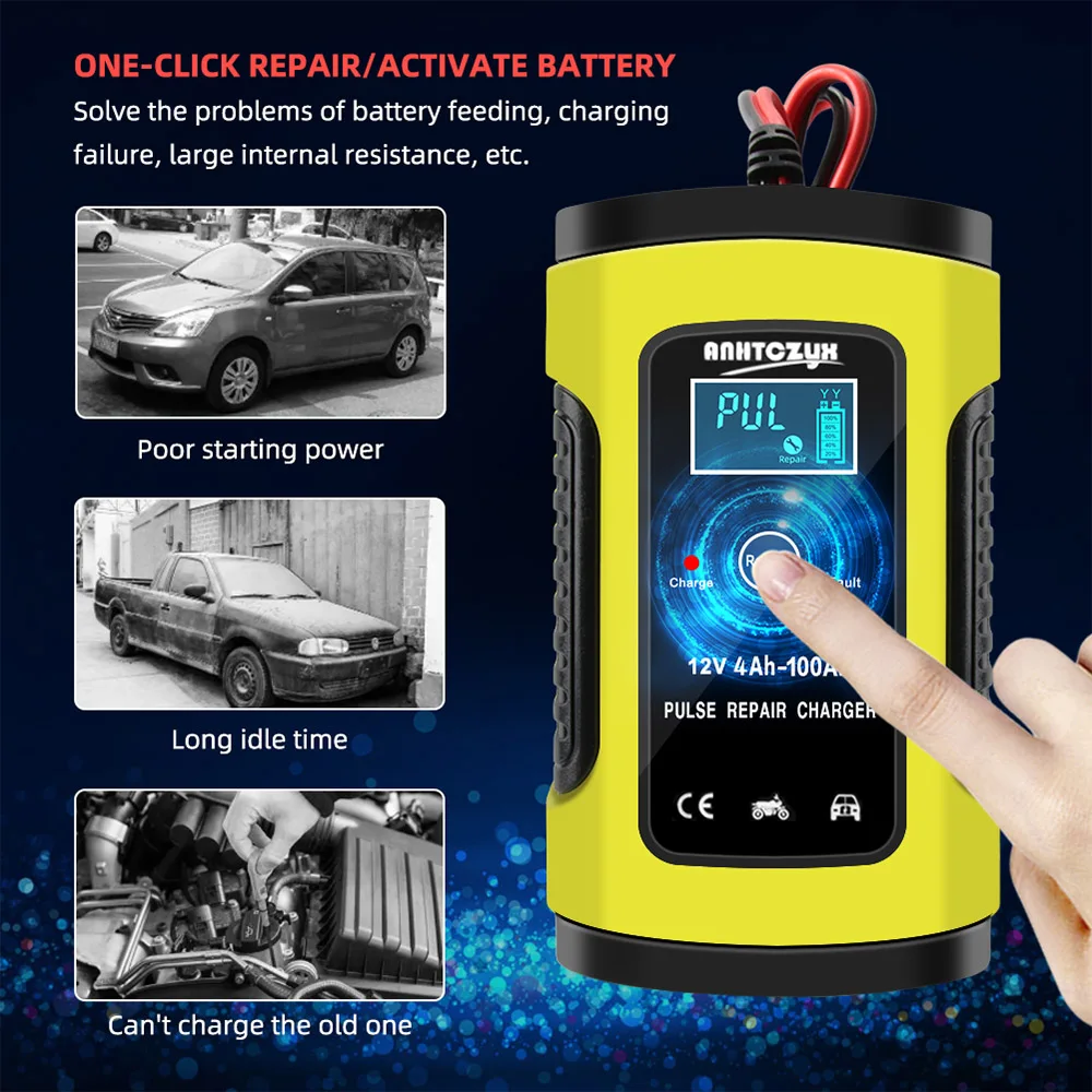 Full Automatic 12V 6A Car Battery Charger 110V to 220V To Intelligent Fast Power Charging Wet Dry Lead Acid Digital LCD Display