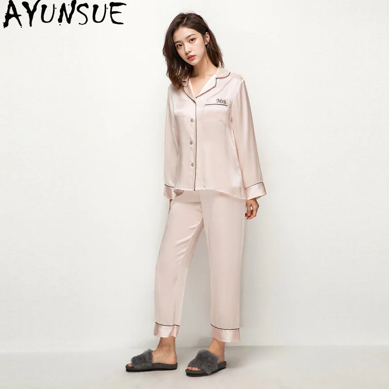 

AYUNSUE 100% Genuine Silk Pajamas for Women 19MM Silk Night Wear Female 2026 Spring Summer Sleepwear Bathrobes Pijama Feminino