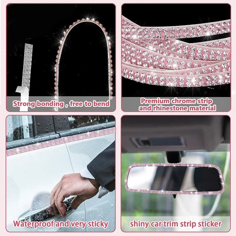 Pink Bling Car Trim Self-Adhesive 16.4Ft Rhinestone Car Interior Accessories for Women Car Crystal Door Stickers Car Dashboard s