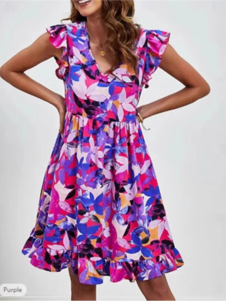 Abito estivo casual con stampa floreale Boho senza maniche con scollo a V Abito da donna con volant allentato femminile Mini abiti da donna Robe Femme