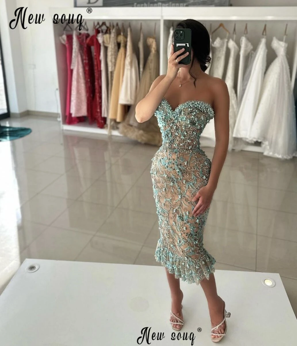 

Light Green Midi Evening Prom Dress Embroidery Strapless Beads Fashion Cocktail Dress Trumpet Party Gowns vestidos de graduación