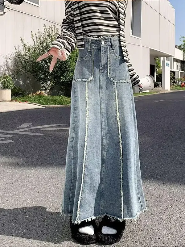 

High Waist A-Line Denim Skirt for Women Vintage Loose Fit Slimming Design Large Size Spring Autumn Season Pear aped Body