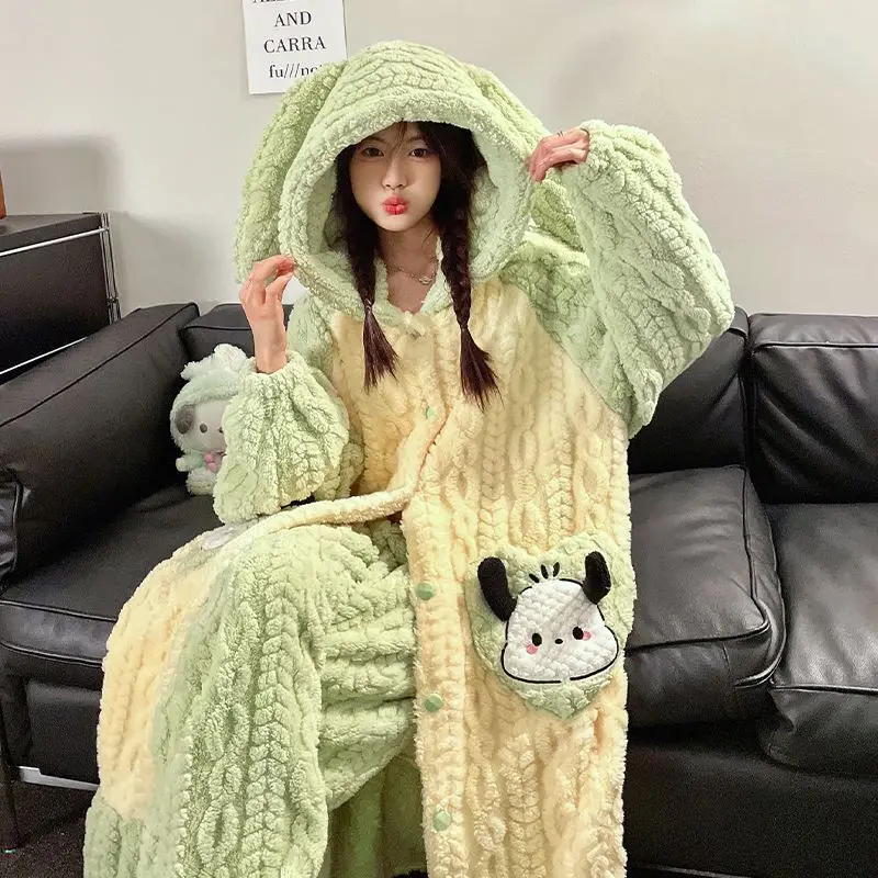 Sleepwear Women\'s Plush Thick Coral Velvet Hooded Pajamas Cartoon Cute Pajamas Winter Flannel Home Clothing Suit Cos Green Robe