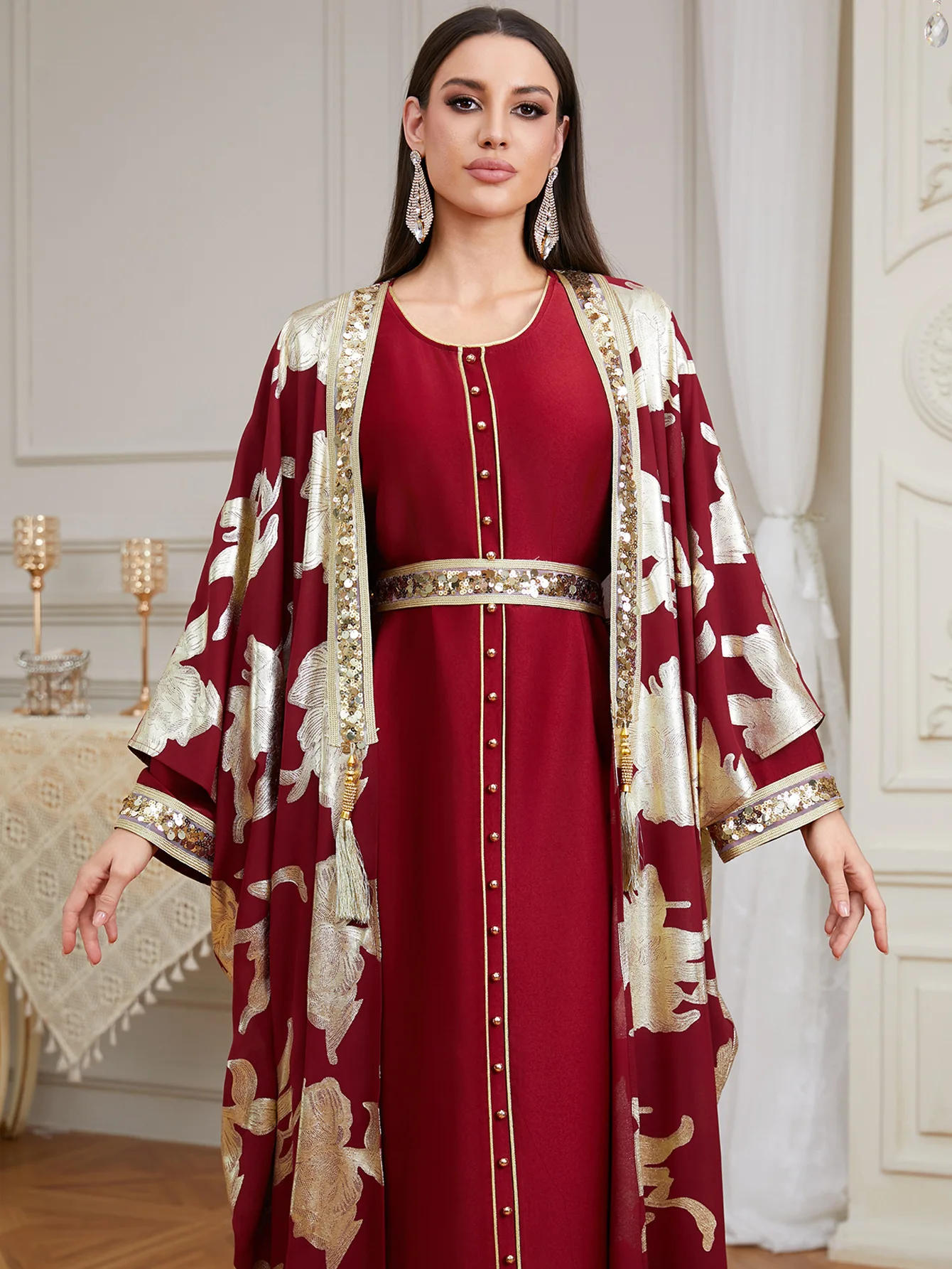 Eid Print Kimono Jalabiya Women Muslim Set 2PCS Dubai Abaya Dress Turkey Kaftan Femme Musulmane Vestidos Islam Clothing Djellaba - view 6