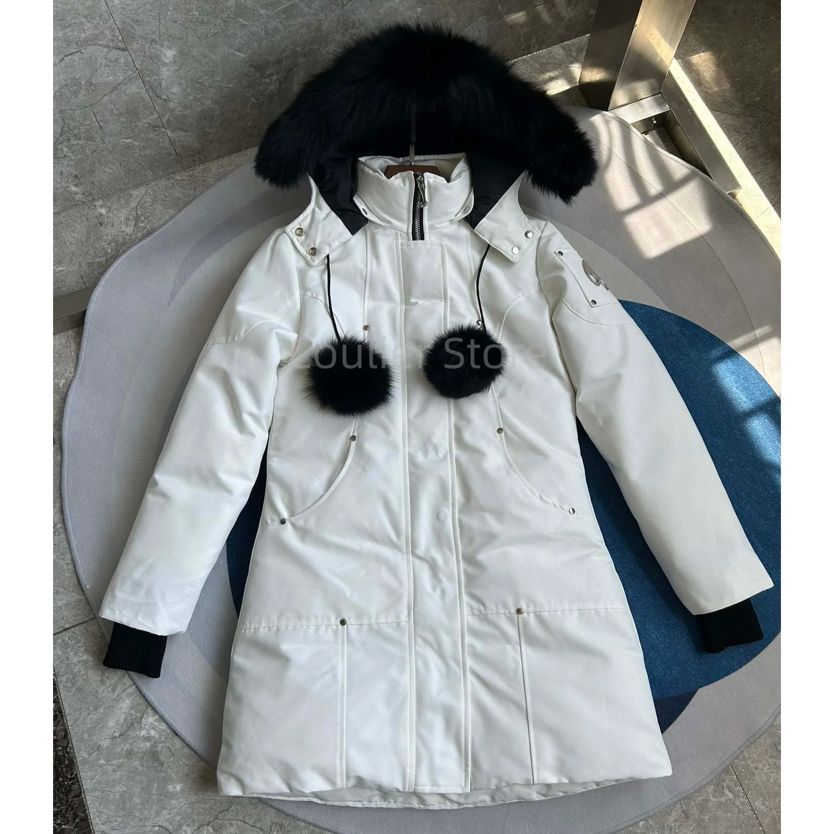 سترة نسائية كندية سفلية، معطف دافئ سميك، سترة نسائية بيضاء مناسبة للمناطق الثلجية الباردة للغاية
