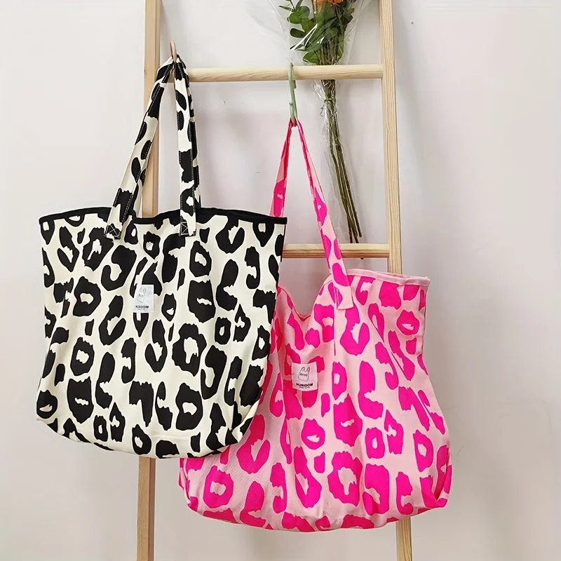 Fashionable Girls Black Rose Leopard Pattern Large Capacity Tote Bag Canvas Shoulder Bag Handbag for Women